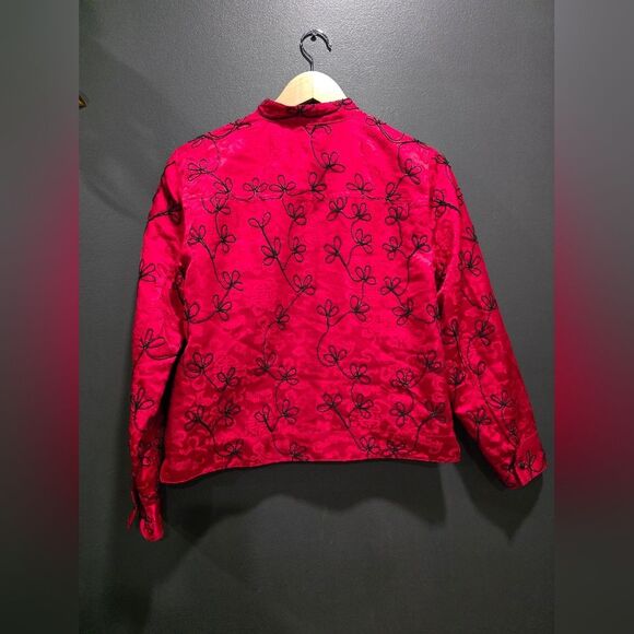 Silk Red Black Enbroidered Jacket Womens Full Zip Asian Inspired Chicos 0 Vtg - Picture 6 of 9